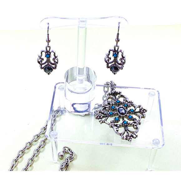 Avon Mirabella, 1974, Pendant & Clip-on Earrings, Hematite & Faux Turquoise - Picture 2 of 5